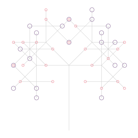 Generative tree with 48 leaves and hard-coded angles and branch lengths, without fill
